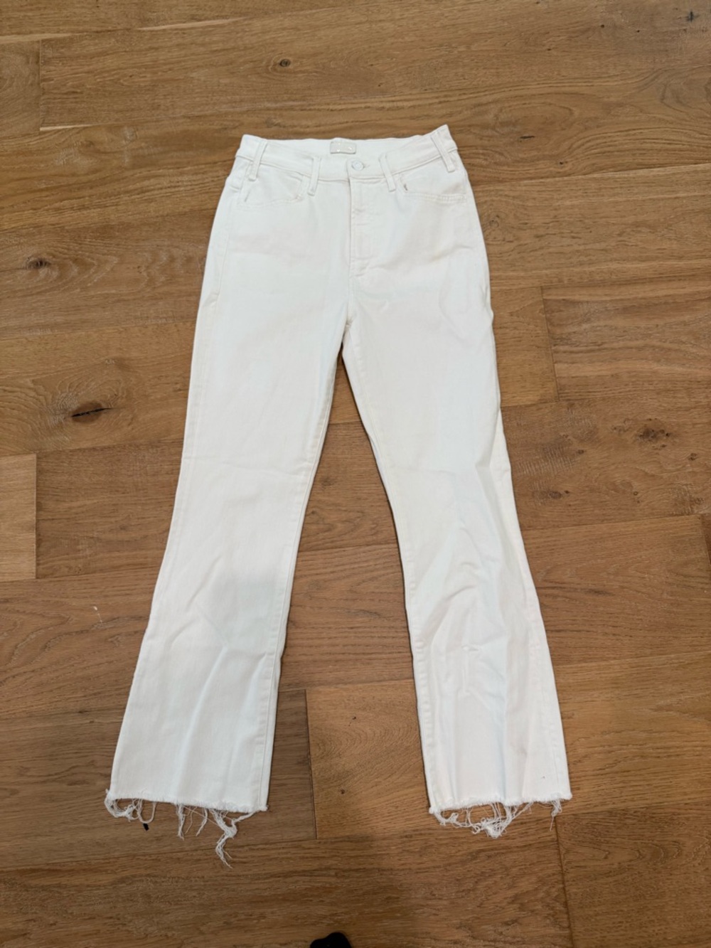 MOTHER Hustler Ankle Fray White Flare Jeans with Raw Hem